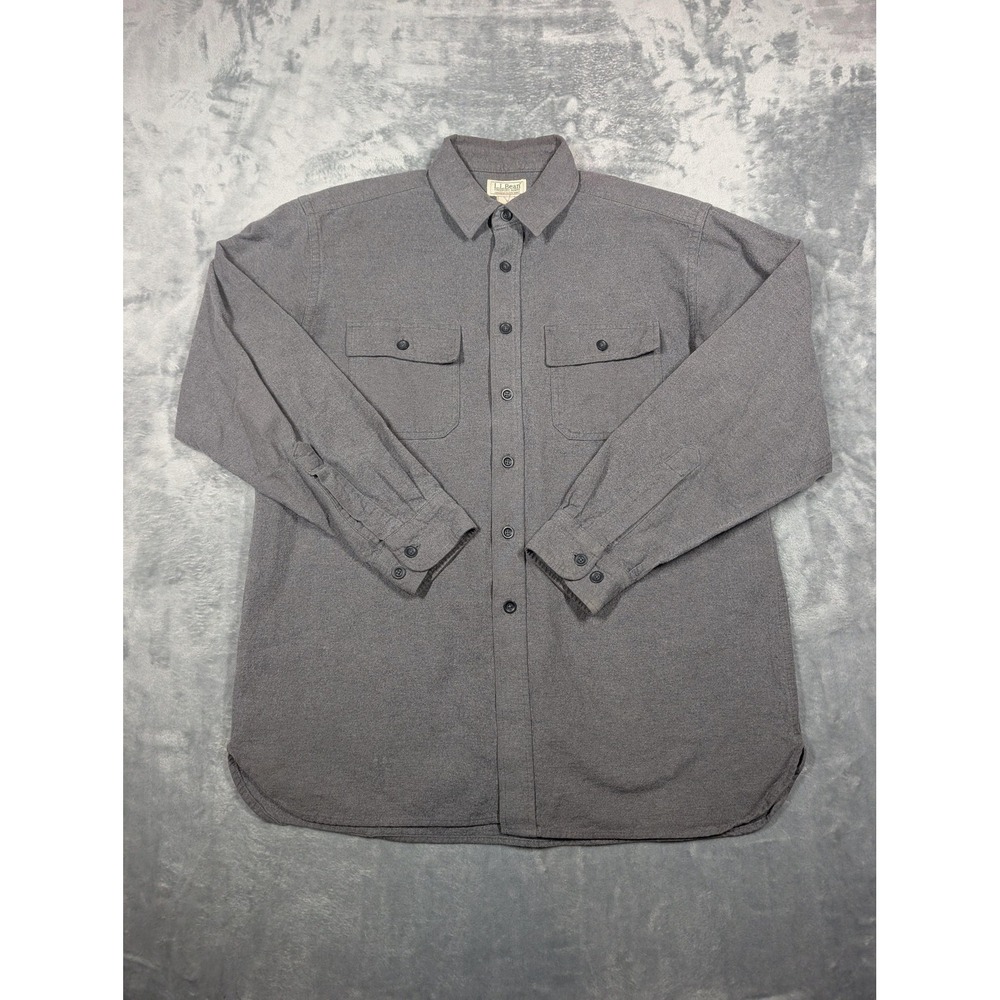 LL Bean Shirt Mens Large Gray Solid Chamois Cloth Flannel Long Sleeve Button Up